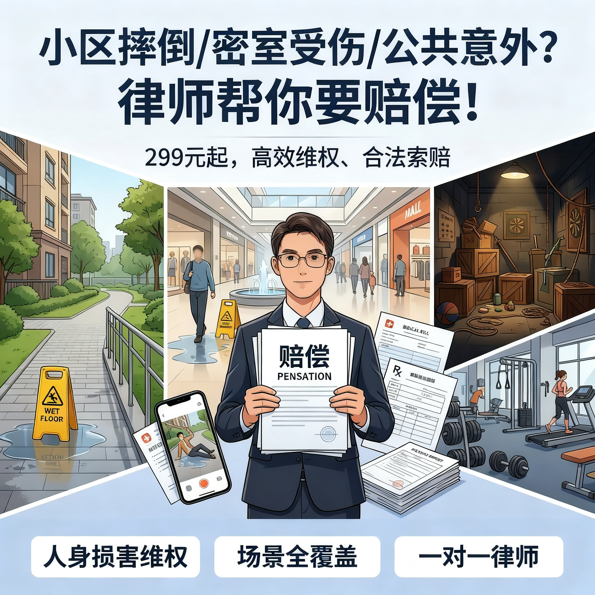 小区摔倒/密室受伤/公共意外？律师帮你要赔偿！